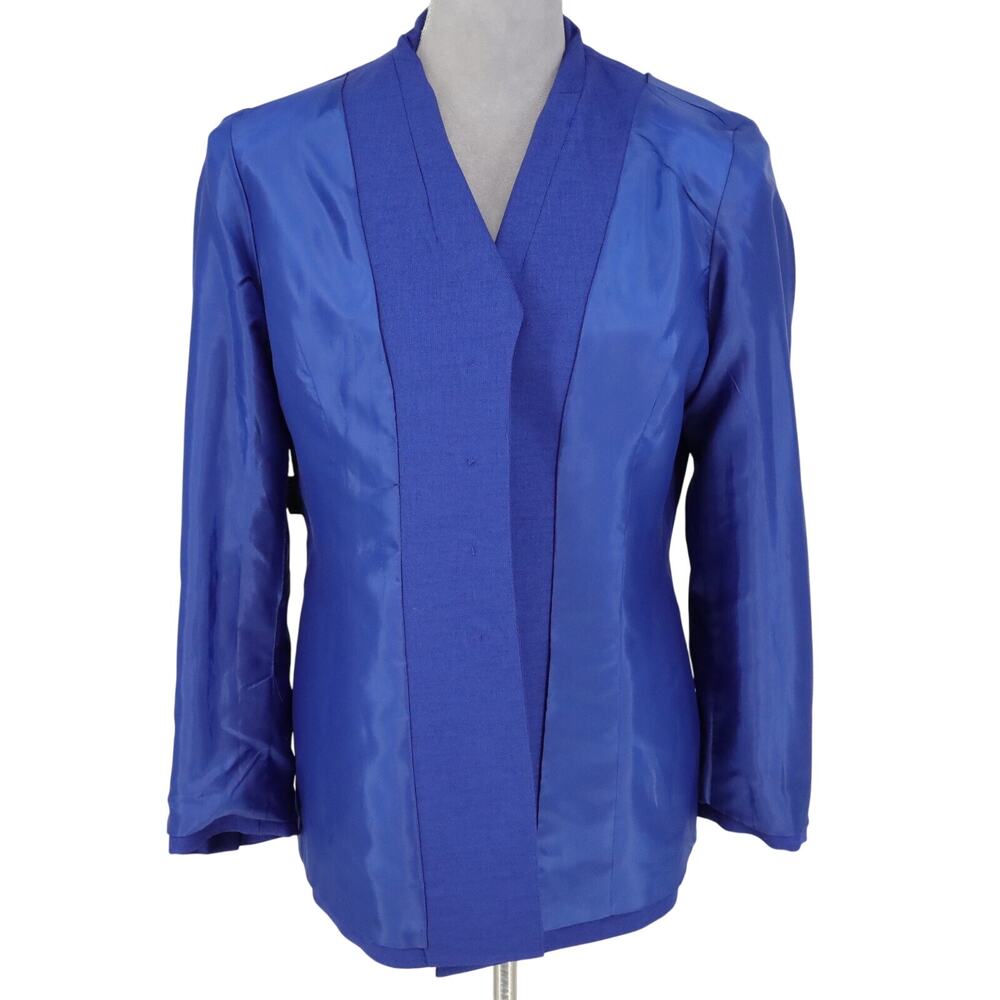 Kasper Jacket Petites 10P Blue Black Trim Lined Long Blazer Career Office - Picture 11 of 15